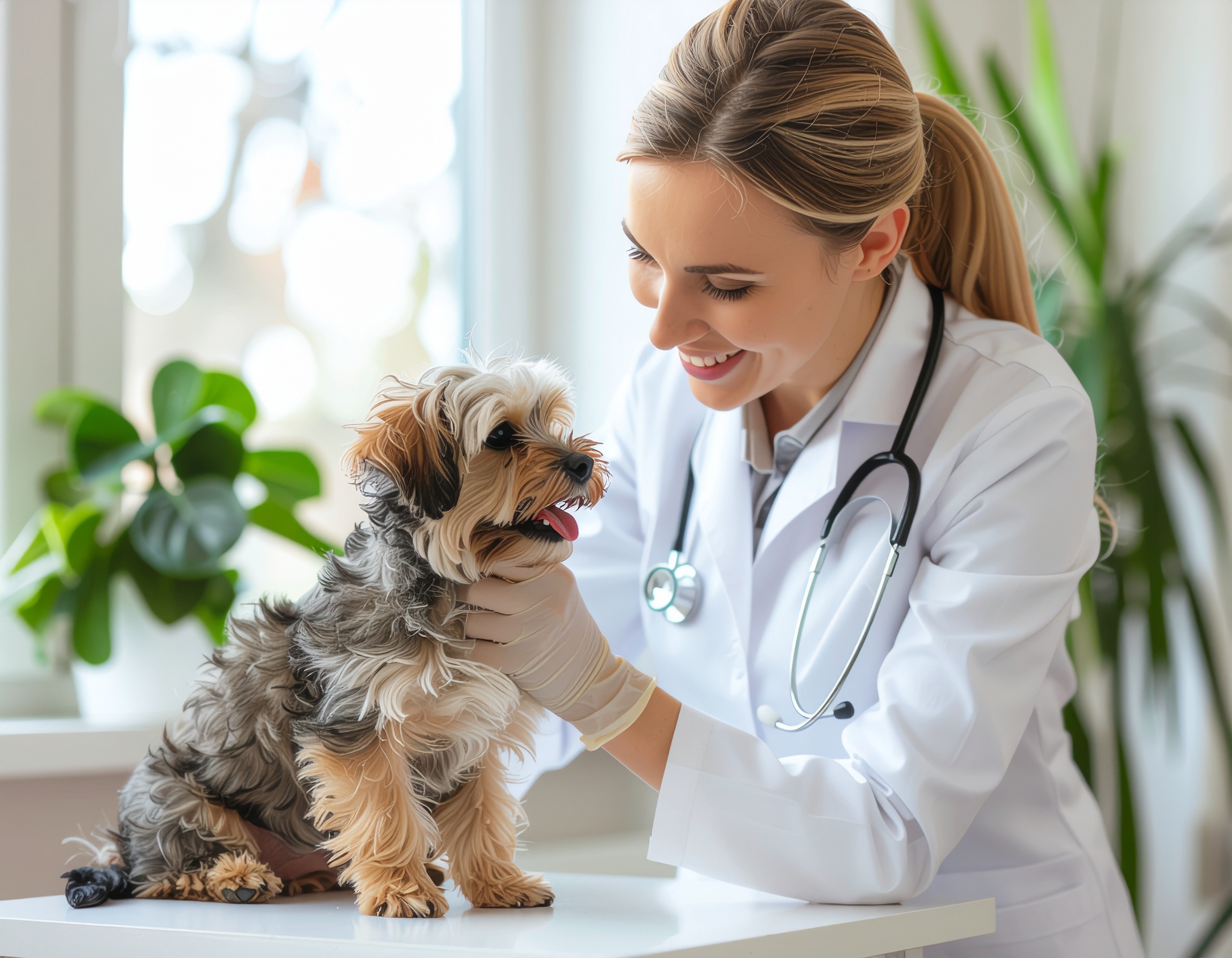 Veterinária sorridente examina com carinho um pequeno cachorro em consultório iluminado, criando uma atmosfera de cuidado e profissionalismo no ambiente clínico moderno.